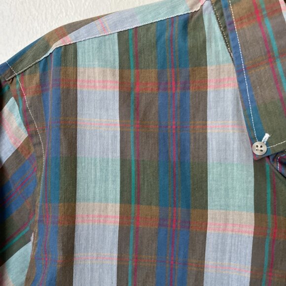 VTG Cacharel mens plaid short sleeve button shirt hipster thin blue L 60s 70s - Picture 3 of 5